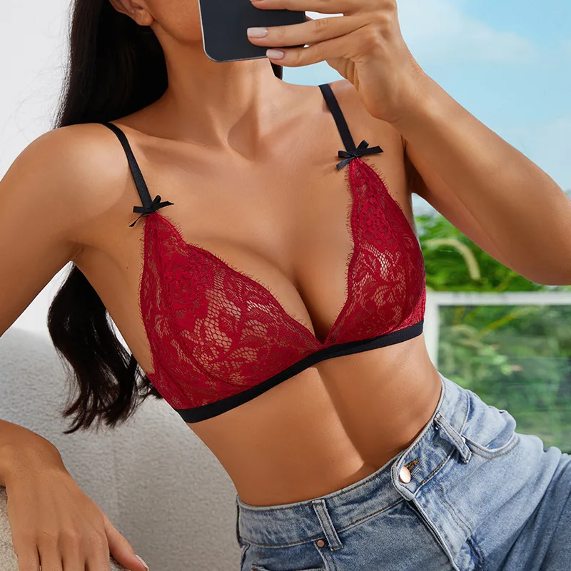 

Women's See Through Bra Sexy Lace Bowknot Lingerie Push Up Breathable Bralette Fashion New Wireless Thin Underwear Female
