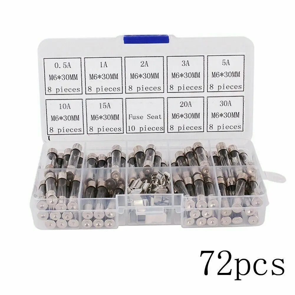 

72Pcs/Set 6x30mm Electrical Glass Tube Fuse Assorted Kits Fast-blow Glass Fuses 0.5A/1A/2A/3A/5A/10A/15A/20A/30A 250V with Box