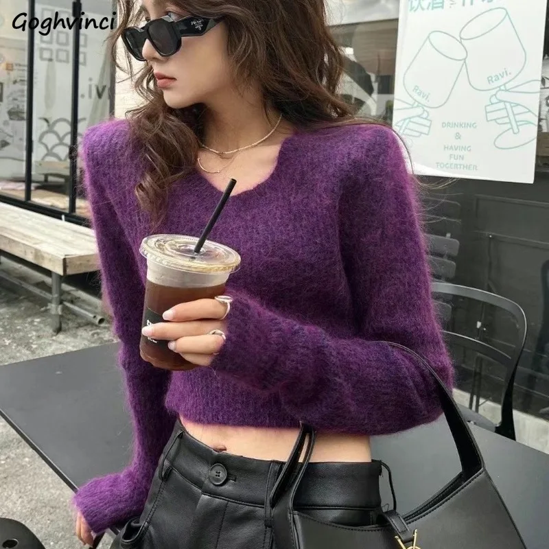 

Long Sleeve Fluffy Solid Pullovers Women Cropped Knitted Tops V-neck Sweaters Fall Winter Keep Warm Simple Korean Style Cozy Ins
