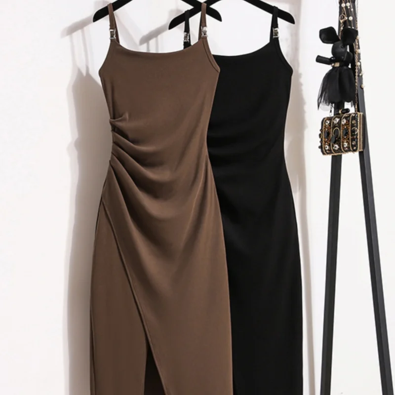 

LKSK Fashionable Women's Spring and Summer Haute Couture Slit Suspender Skirt with Waistband Lining and Bottom Up Dress