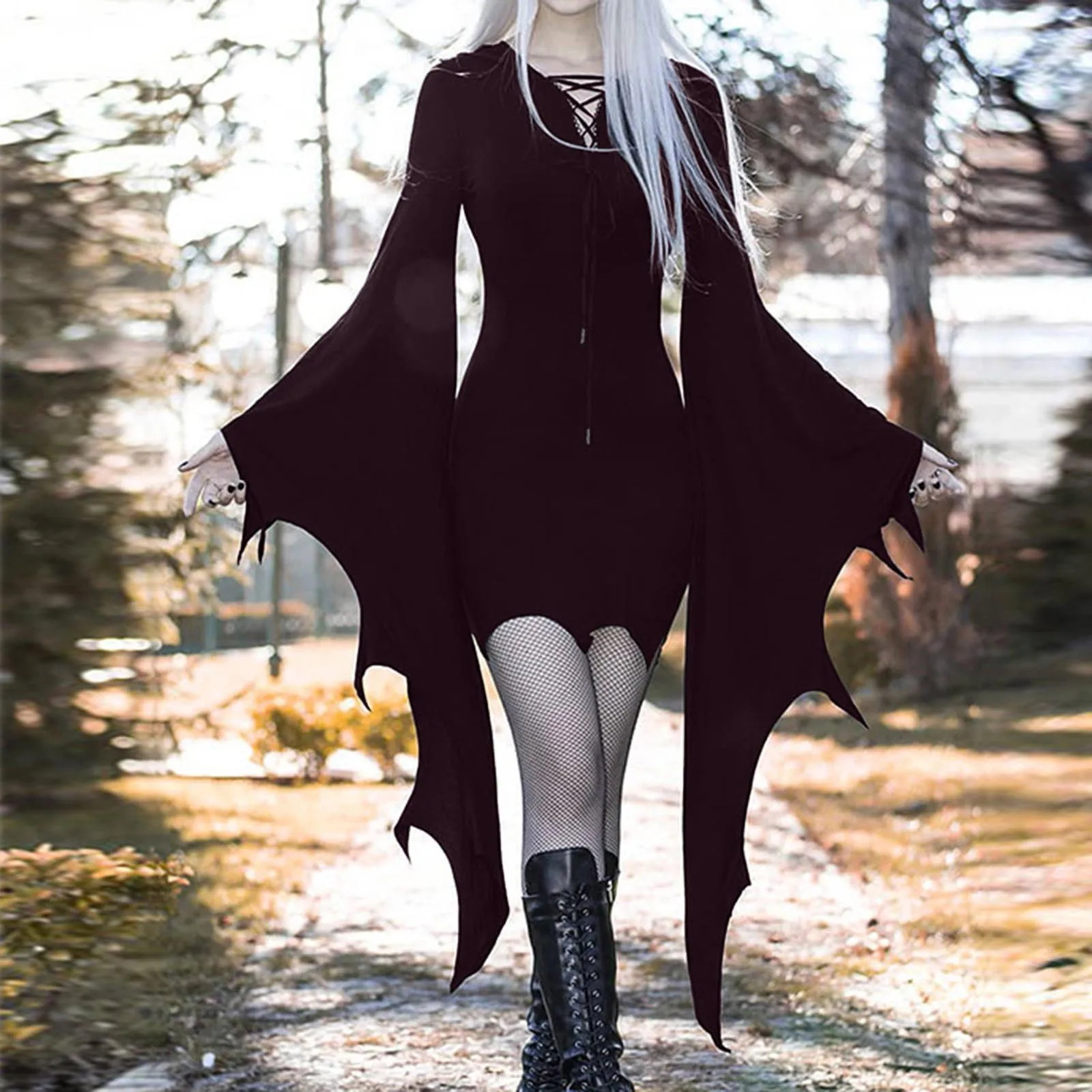 

New Retro Gothic High Waist Black Dress Vintage Aesthetic Bat Sleeve Mini Dresses Goth Elegant Bandage Party Dress Women Outfits