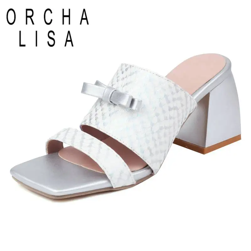 

ORCHA LISA Women Sandals Square Toe Chunky Heels 8cm Butterfly Knot Plaid Mixed Daily Shoes For Female Concise Mules Big Size 42