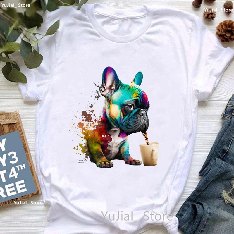 

Cute French Bulldog Puppy Love Coffee Print T Shirt Girls Funny White Tshirt Women Harajuku Kawaii Dog Lover T-Shirt Female