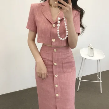 Fashion Korea Elegant Lapel Thin Tweed Small Suit Short Jacket   High Waist Chic Button Slim Womens Two Piece Skirt Sets Summer