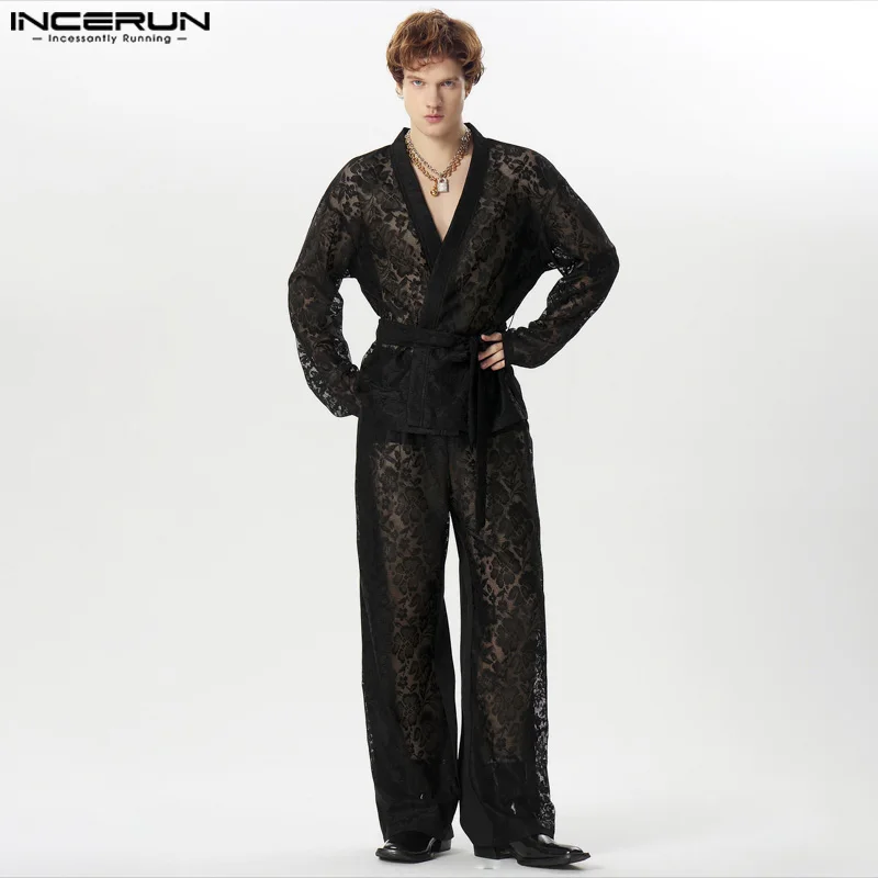 

Комплект из кардигана и брюк INCERUN мужской, кружевной прозрачный кардиган с V-образным вырезом и длинными рукавами, уличная одежда из 2 предметов, пикантные модные мужские костюмы 2024
