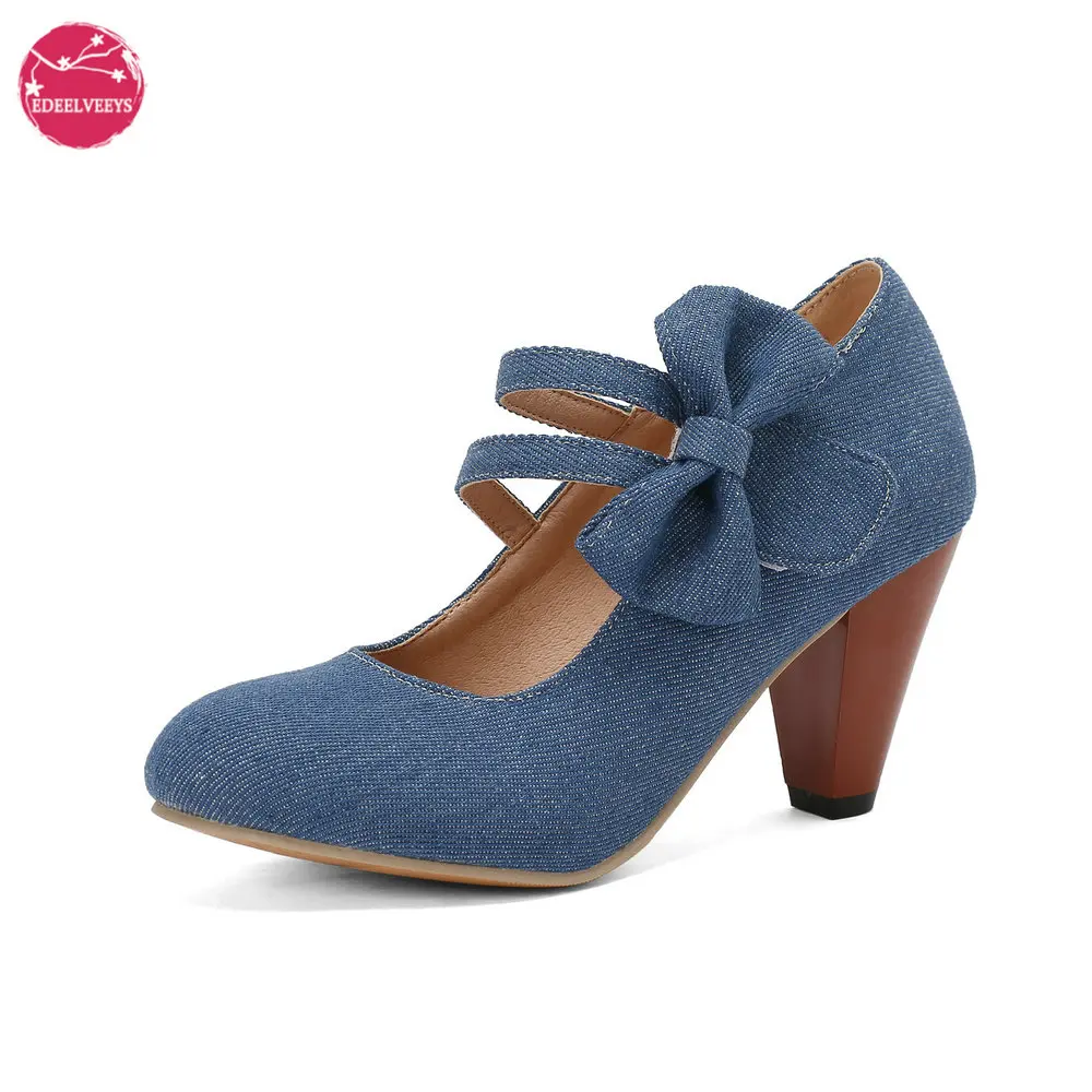 

Women Fashion Denim Mary Jane Shoes Round Toe Sweet Lolita Bowknot Spike Heels Pumps Hook Loop Plus Large Size Drop Shipping