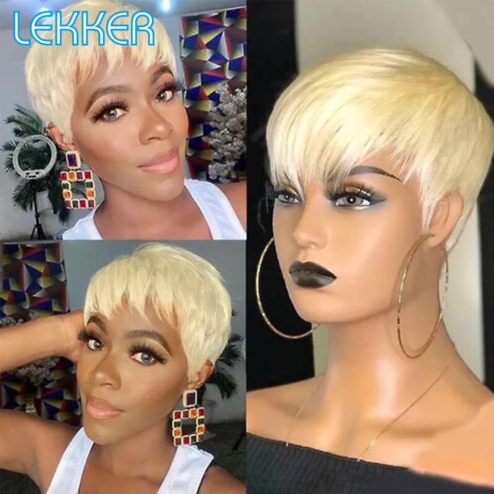 

Lekker Wear to go 613 Blonde Short Pixie Cut Straight Bob Human Hair Wigs For Women Brazilian Remy Hair Ombre 99j Colored Wigs