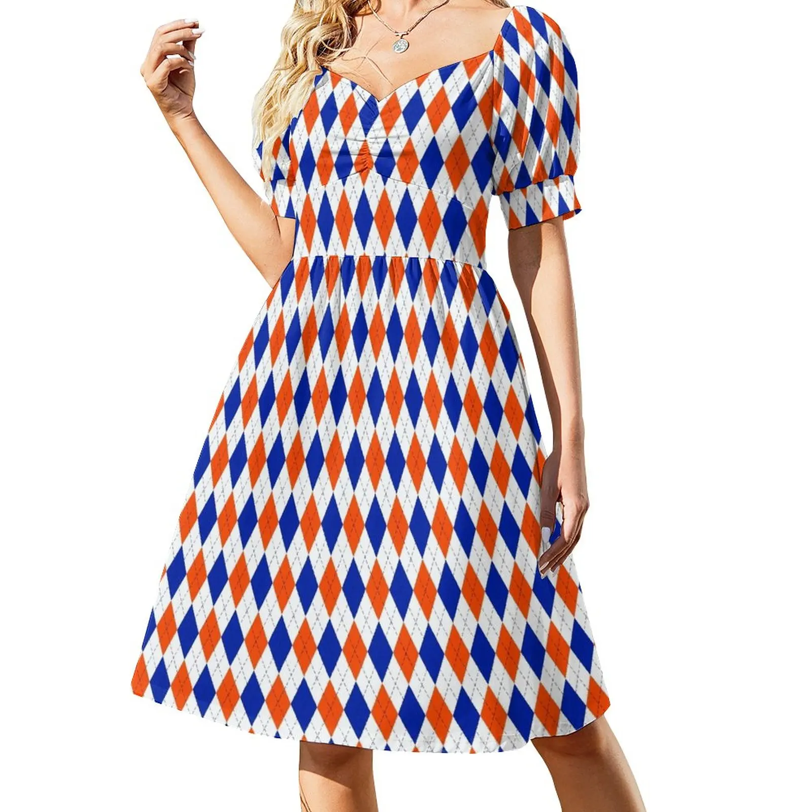 

Orange and Blue Traditional Argyle All Over Print Dress summer dress daily elegant women's dresses sale women's evening dresses