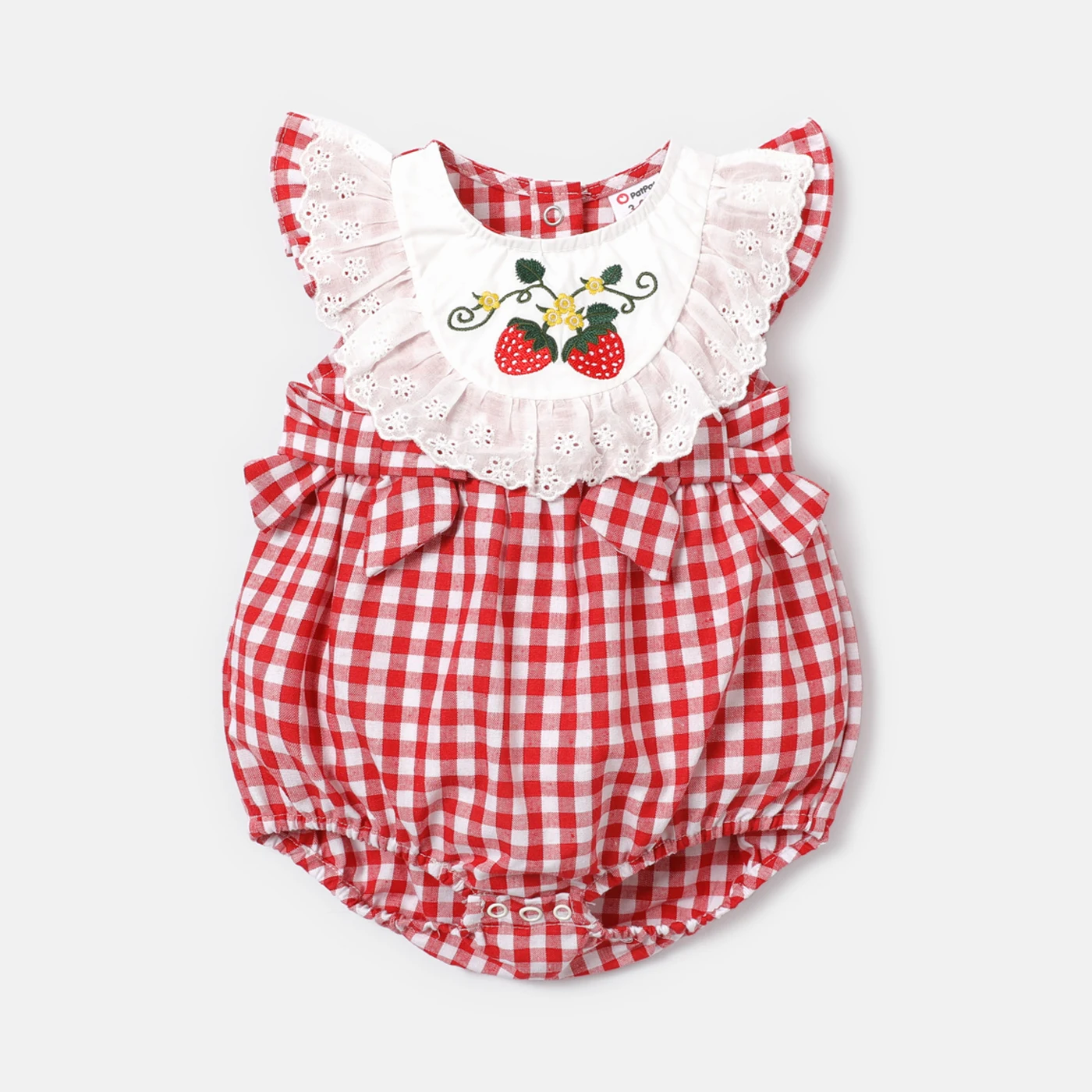 

PatPat Baby Girl Strawberry Embroidered Ruffled Flutter-sleeve Gingham Romper