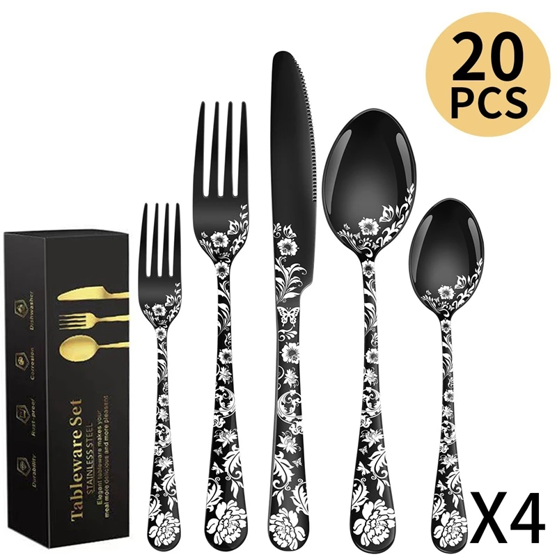 

20PCS Patterned Western Food Knife Cutlery Set Dinner ware stainless steel tableware knives forks spoons tool