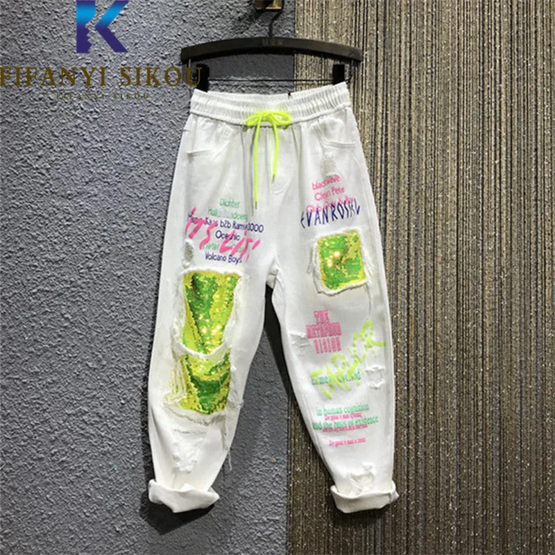 Letter Print Denim Harem Pants Women Sequins Fashion High Waist Ripped Jeans Streetwear Loose Hip Hop Washed Jeans Female
Letter Print Denim Harem Pants Women Sequins Fashion High Waist Ripped Jeans Streetwear Loose Hip Hop Washed Jeans Female