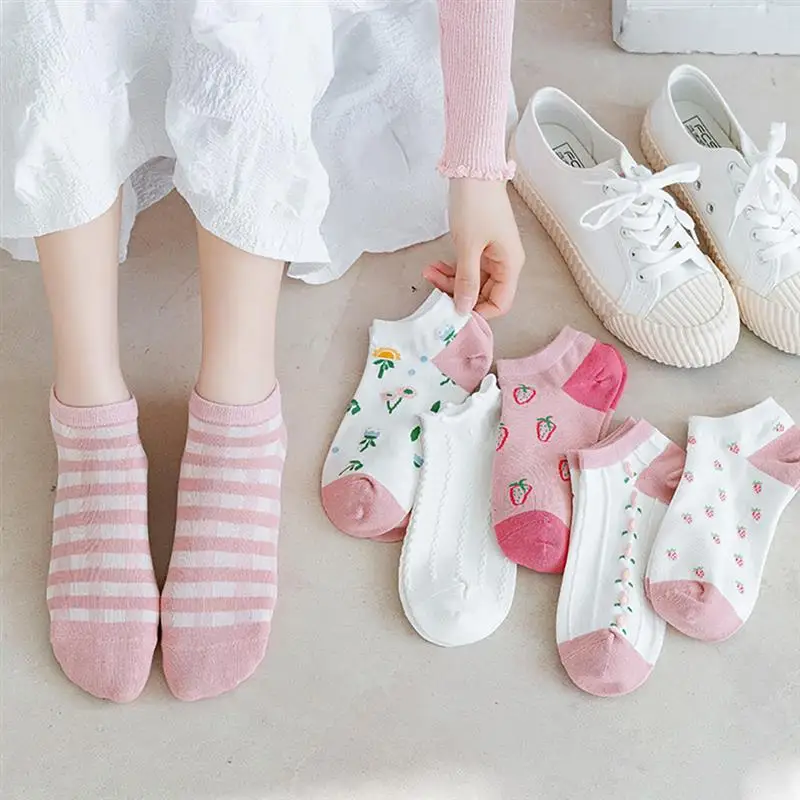 

6 пар простых полосатых цветочных Хлопковых Носков, короткие носки, женские короткие носки, милые Повседневные Удобные дышащие носки до щиколотки для женщин