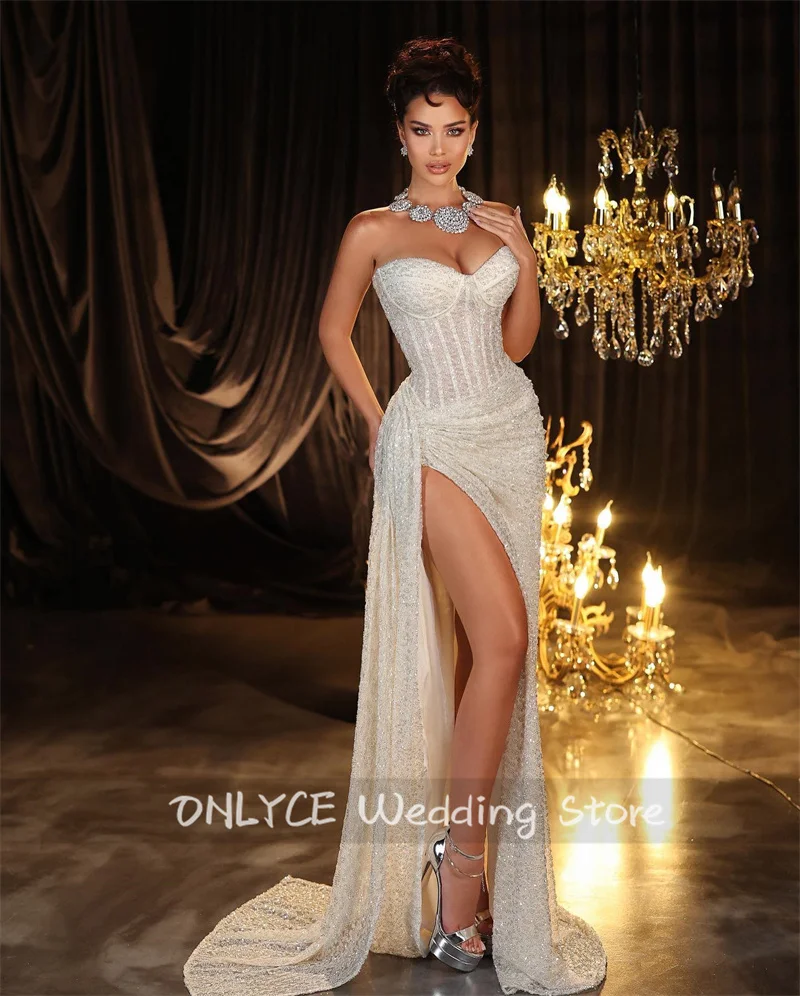 

Luxury Arabic Dubai Beading Wedding Dress Sweetheart Corset Gown Side Slit Crystals Custom-Made Bridal Dress Vestido De Novia