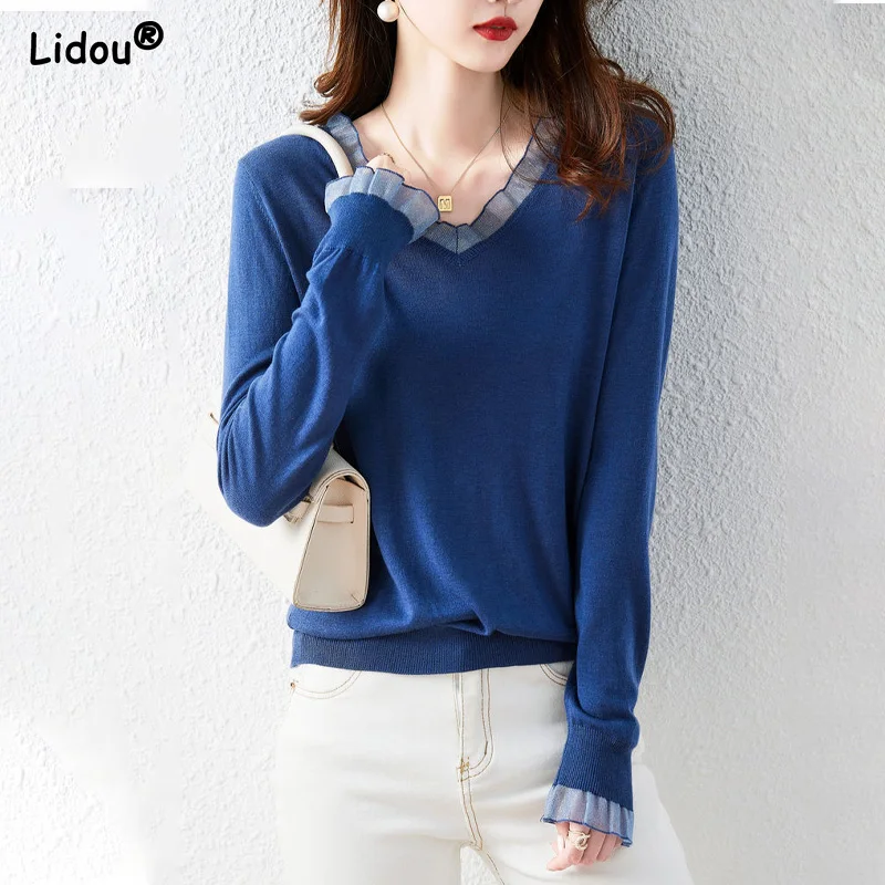 

T-Shirts Casual V-neck Solid Spring Autumn Long Sleeve Comfortable 2022 New Fashion Popularity All-match Simple Women's Clothing