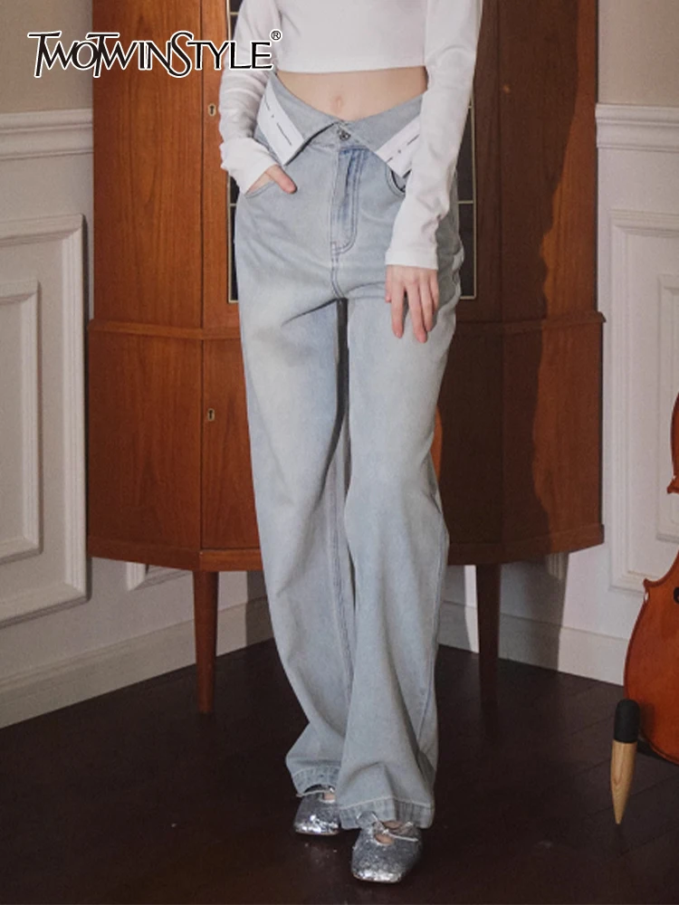 

TWOTWINSTYLE Spliced Pockets Denim Pants For Women High Waist Patchwork Button Minimalist Loose Wide Leg Jeans Female Fashion