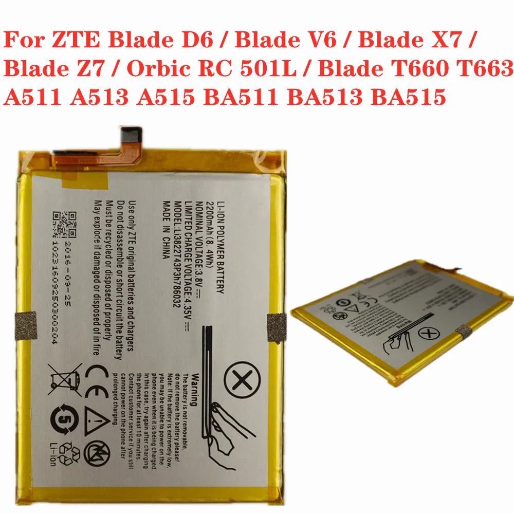 

For ZTE Blade D6 / V6 / X7 / Z7 / Orbic RC 501L / Blade T660 T663 A511 A513 A515 BA511 BA513 BA515 Li3822T43P3h786032 Battery