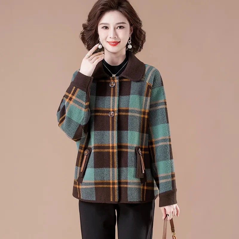 

Autumn Winter New Loose Women Wool Jacket Fashion Korean Lattice Coat Female Loose Short Woolen Coat Female Outerwear Overcoat