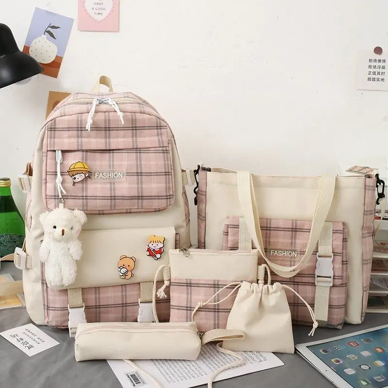 

Backpack Japanese Cute Lattice Elementary School Bag Female Korean Version Trend Backpack Five-piece Set