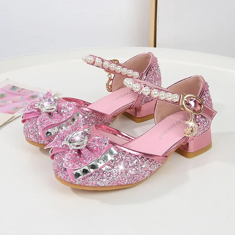 

Summer Children's Sandals Sequins Bowtie Girl's High Heel Shoes Fashion Pearl Kids Princess Glitter Sandals for Wedding Party