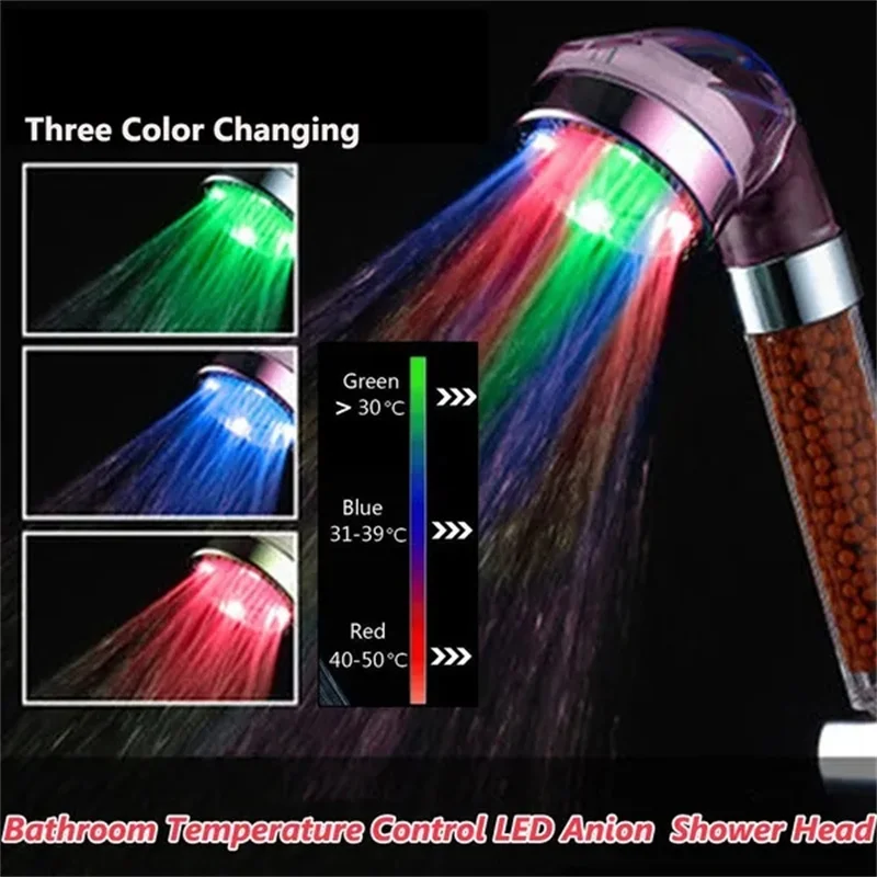 

Temperature Control 3 Color Changing LED Anion SPA Shower Head Bathroom Water Saving Handheld Showerheads Bathroom Accessories