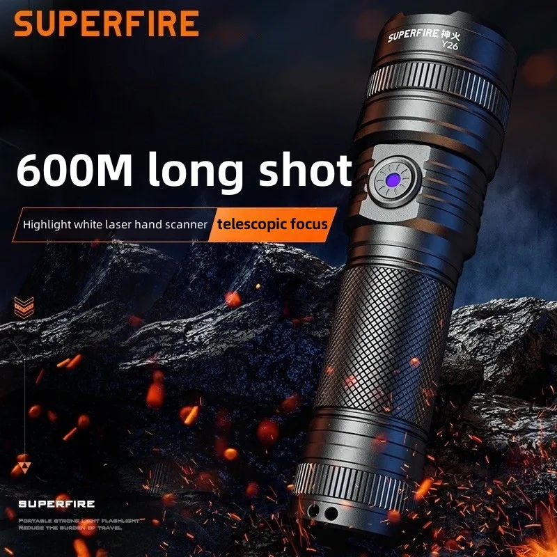 

Superfire Y26 мощный светодиодный фонарик 15 Вт, мощный зум, фотовспышка 600 м дальнего действия, USB-C, перезаряжаемый портативный фонарь для кемпинга