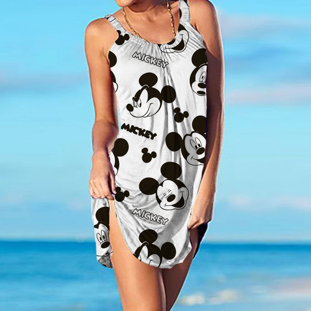 

2024 Summer Sleeveless sling Mickey Mouse Beach Style Casual Bohemian elegant Dress New Fashion Women's Vintage Print Dress