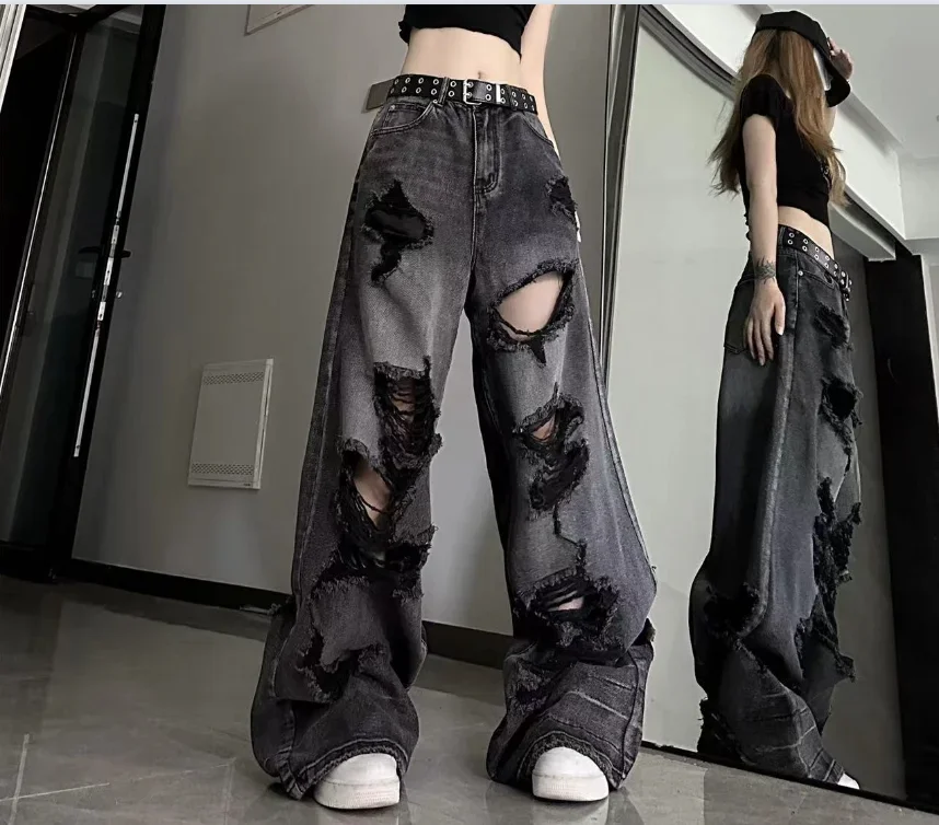 

Black Y2k Ripped Jeans Women Harajuku Gothic Grunge Baggy Denim Pants Korean Streetwear Gyaru Trousers Kpop Hippie New