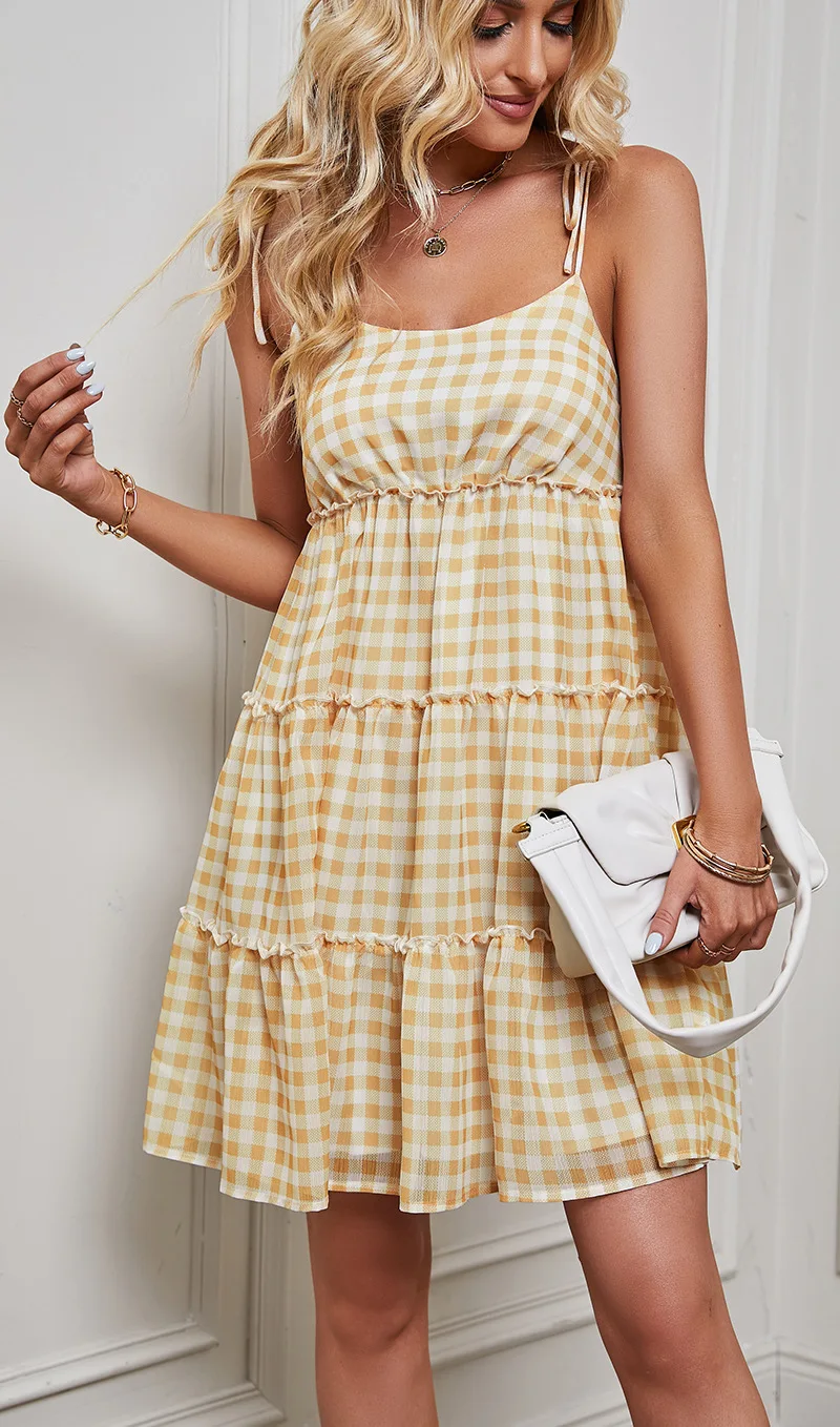 Yeuxverts New Summer 2023 Women Plaid Dress Slash Neck Tie Up Ruffle Mini Dress Spaghetti Strap Casual Holiday A-line Dress
Yeuxverts New Summer 2023 Women Plaid Dress Slash Neck Tie Up Ruffle Mini Dress Spaghetti Strap Casual Holiday A-line Dress