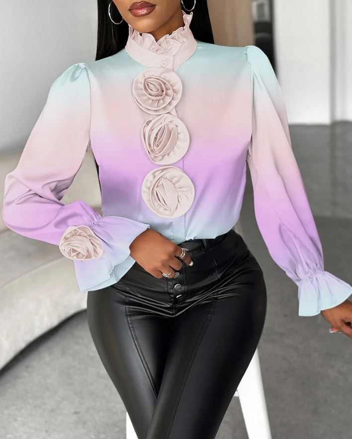 

2024 Women's Long Sleeve Blouses Tops Button Ombre Rose Detail Frill Hem Gradient Print Stand Collar Top Casual Loose Shirt Top