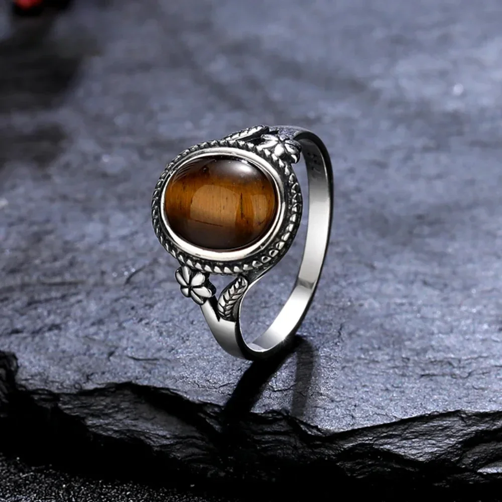 Bague œil de tigre naturel en argent regardé 925 pour femme, bague en agate noire en forme de fleur, bijoux fantaisie, cadeau, 8x10mm 3