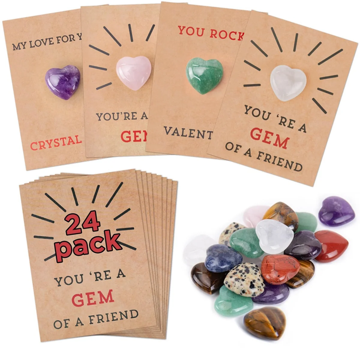 

Valentines Day Gifts for Kids - 24 Pack Valentines Cards with Heart-Shape Crystals - Valentine Gift Exchange