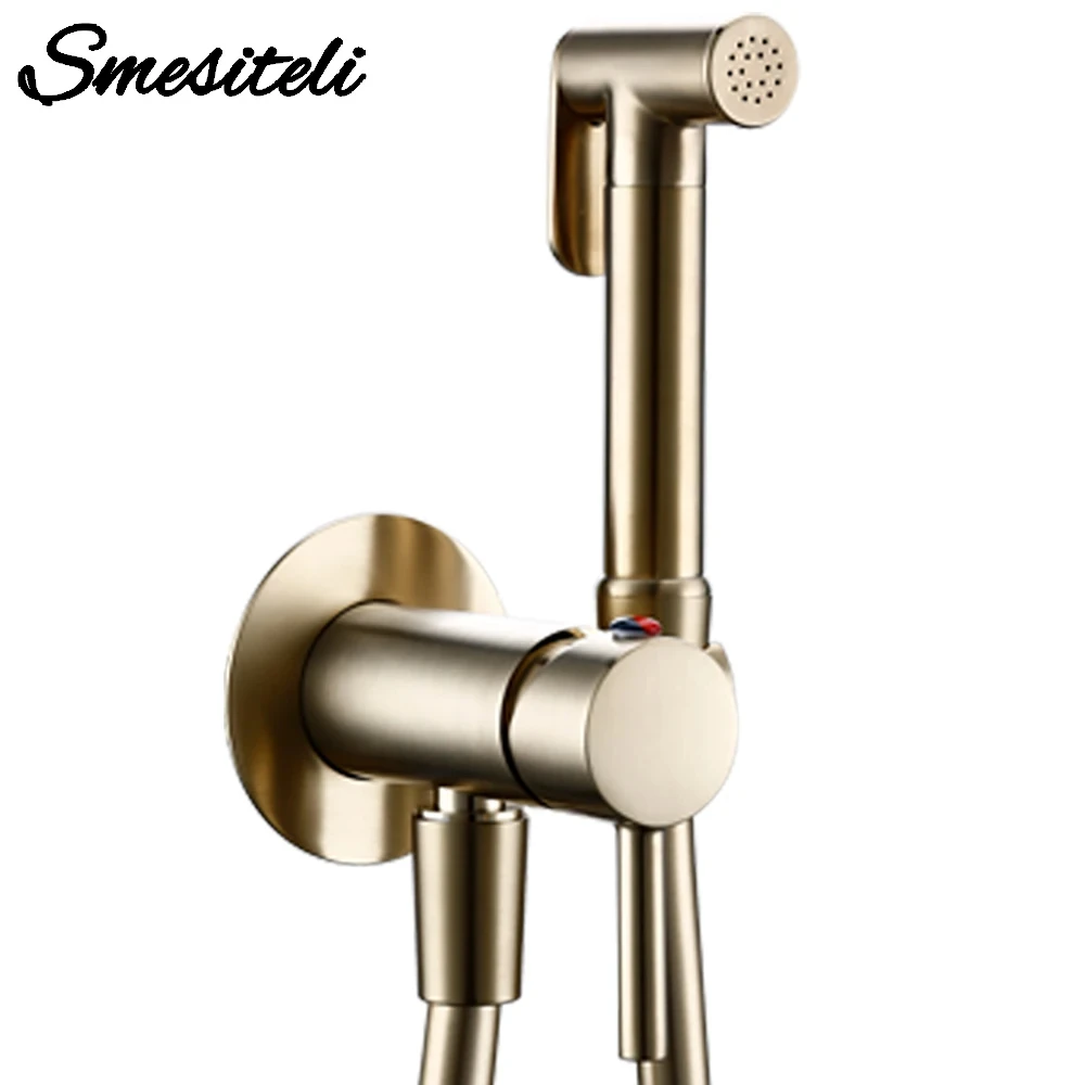 

Bidet Sprayer Faucet Bathroom Mixer Wall Mounted Hot And Cold Water With Hose Smesiteli Brushed Gold Brass Hand-held