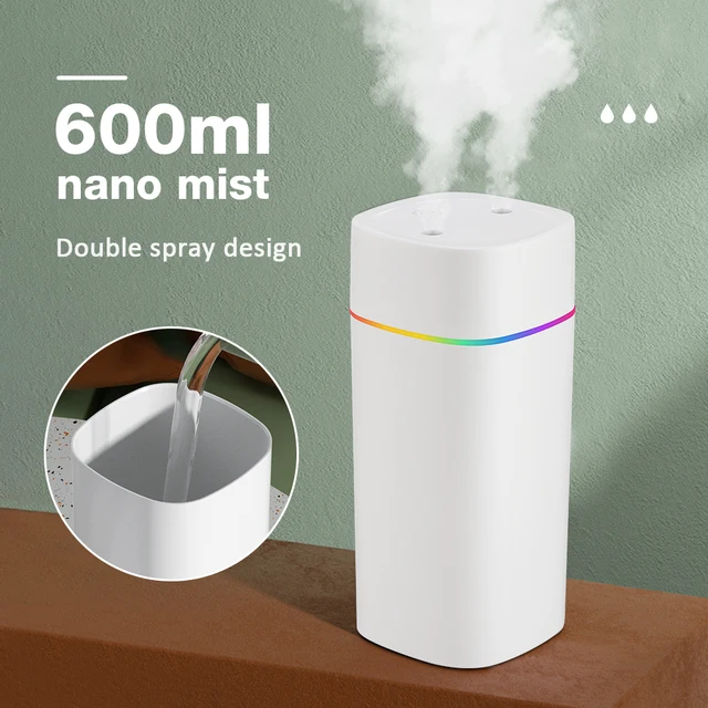 Humidificateur d'air à double port de pulvérisation, aromathérapie aux huiles essentielles, atomiseur muet, lumières colorées, maison, bureau, voiture, 600ml 1