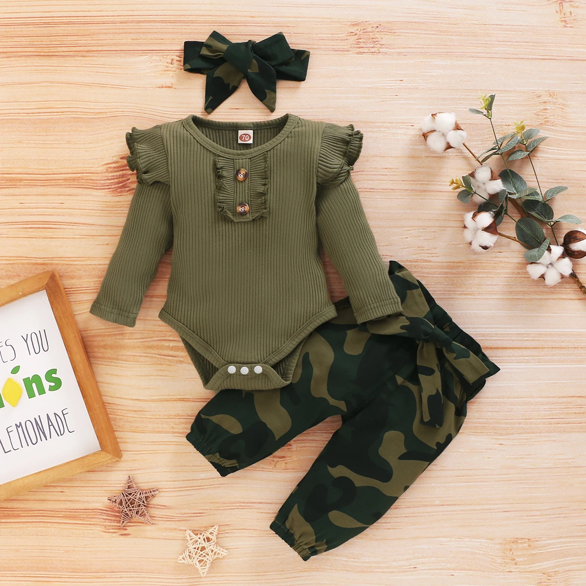 

PatPat 3pcs Baby Girl 95% Cotton Ribbed Ruffle Long-sleeve Romper and Camo Print Pants with Headband Set