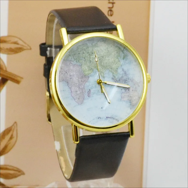 

Womage Fashion Design Ladies Watches World Map Watches Leather Band Quartz Wristwatches Zegarek damski gold watch women