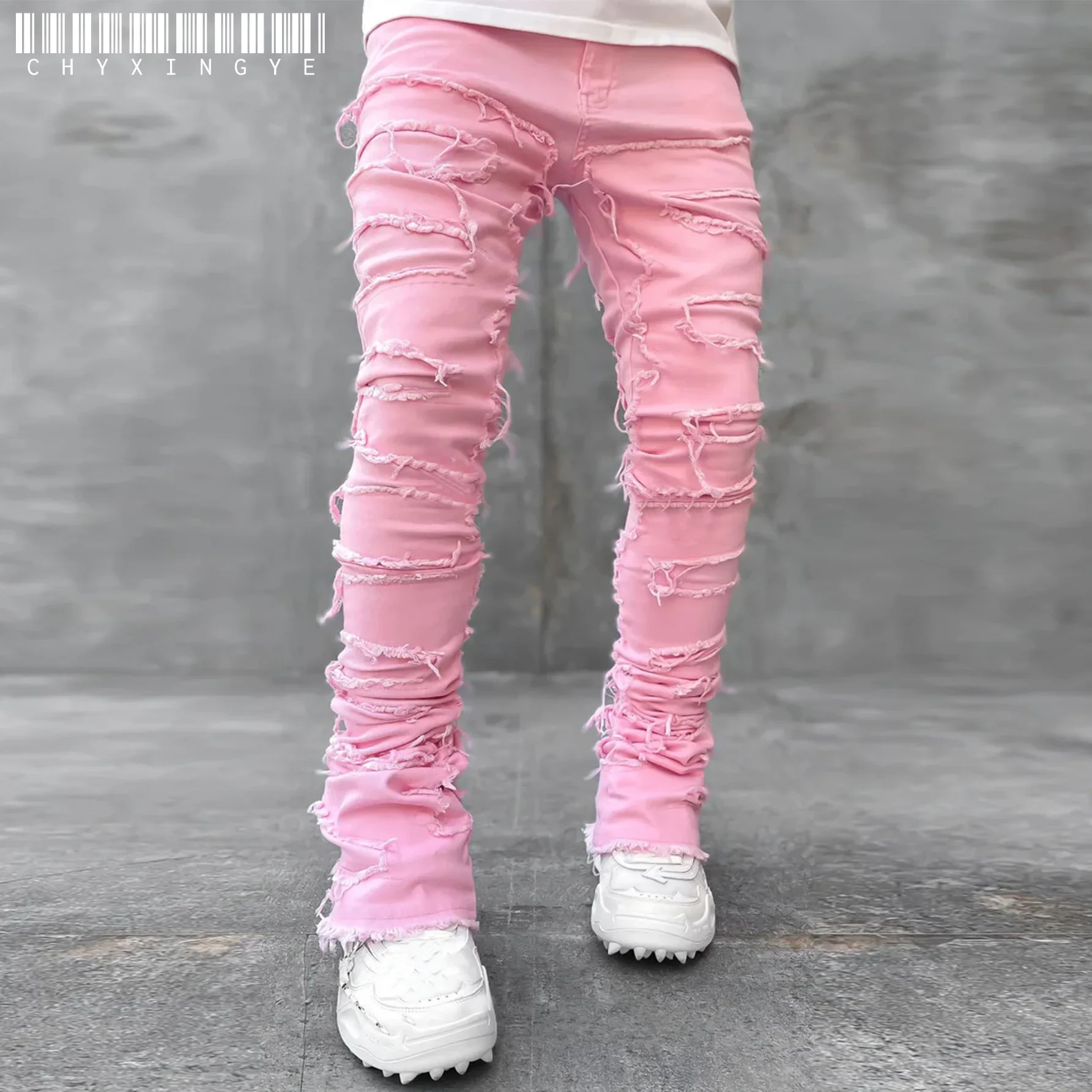 

new Patch denim straight-leg pants retro jeans street fashion ins explosive style elastic new men's fashion retro denim trousers