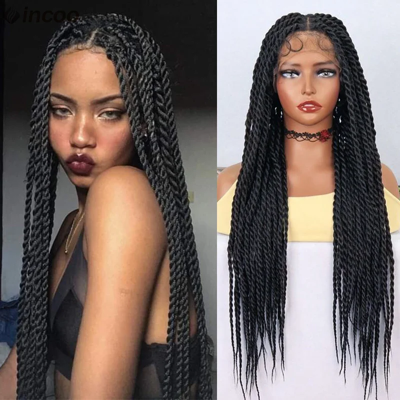 

36'' Colored 1B Burgundy Full Lace Frontal Wigs Synthetic Senegalese Twist Braids For Women Knotless Box Braided Lace Front Wigs