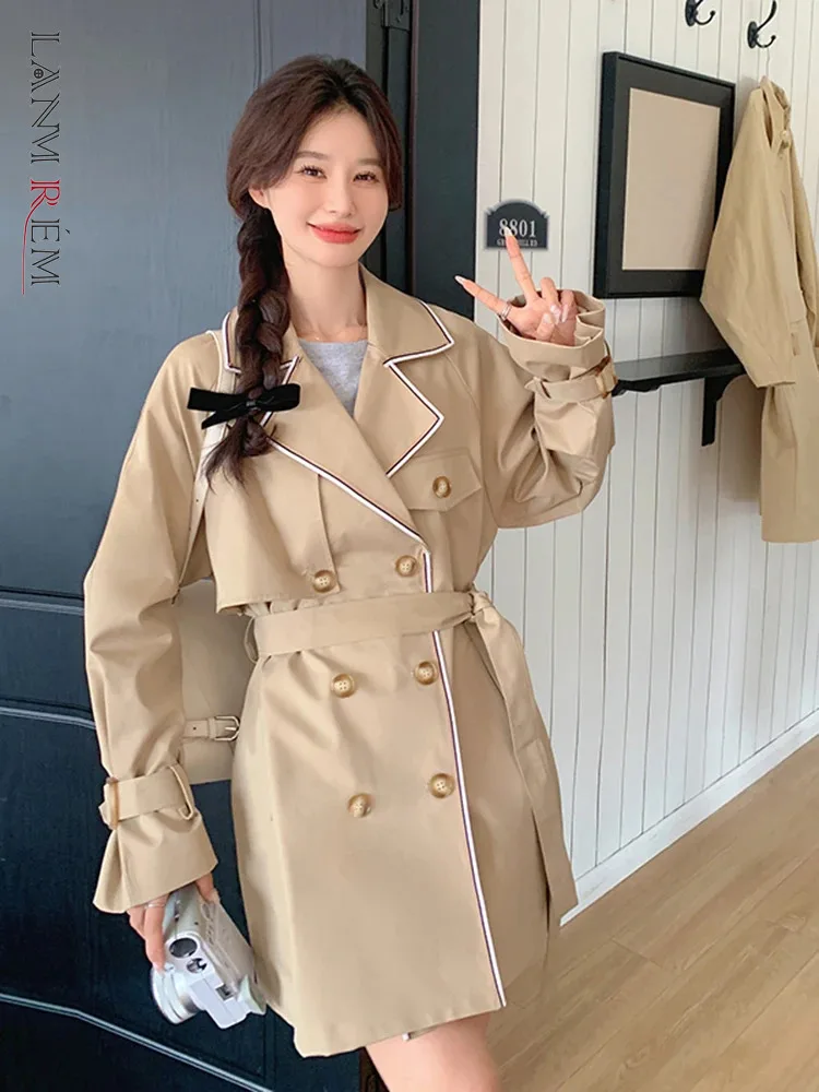 

LANMREM Women Korean Style Windbreaker Notched Long Sleeves Solid Color Double Breasted Trench 2024 Fashion Clothing 2Z1082