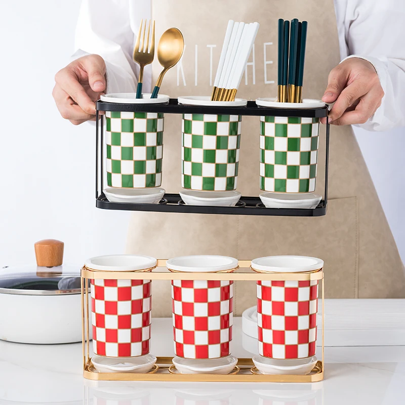 

Kitchen Items Storage Containers Checkerboard Chopsticks Storage Box Ceramic Draining Chopsticks Metal Rack