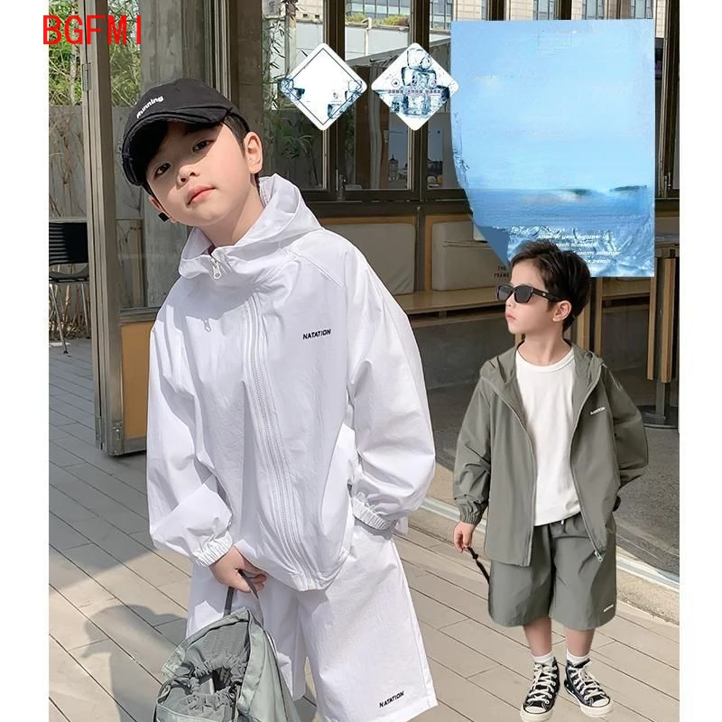 

2024 Summer Spring New Girl Long Sleeve Thin Clothes Set Teenage Sunscreen Hooded Jacket + Shorts 2Pcs Suit Boy Cardigan Outfits