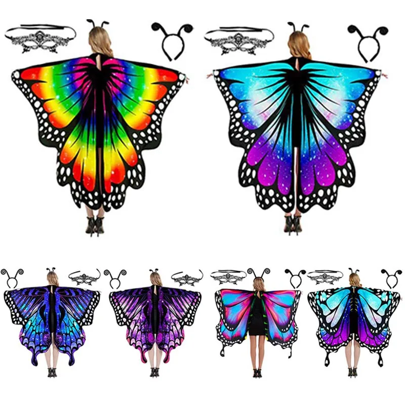 

Girls Women Butterfly Wing Cape Colourful Shawl Cosplay Cloak Mask Hairband for Adult Kids Halloween Holiday Party Dress up