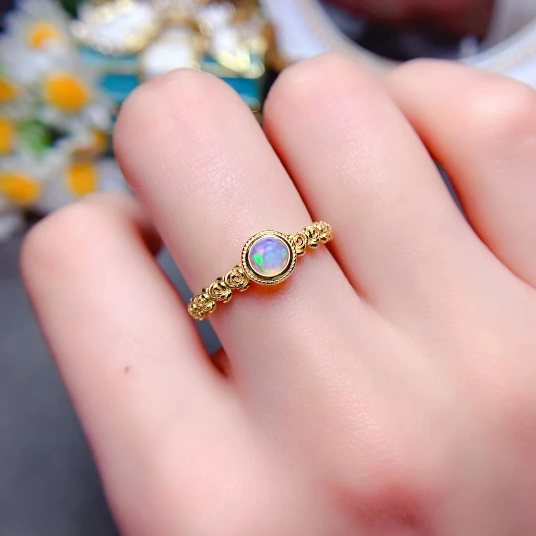 

White Opal Ring for Daily Wear 5mm Natural Australian Opal 925 Silver Ring with 3 Layers Gold Plated Gemstone Jewelry for Girl