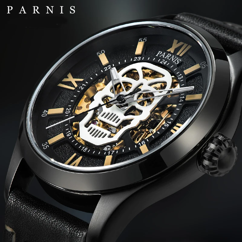 

Top Brand Parnis 42mm Black Luminous Skull Design Dial Mechanical Men Watches Sapphire Glass Men's Automatic Watch reloj hombre