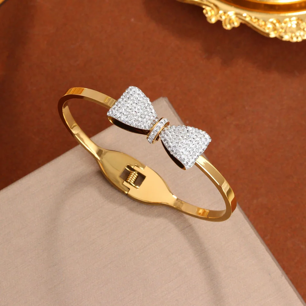 

Luxury Stainless Steel Bracelets for Women Rhinestones Zircon Bow Spring Buckle Bangles Bracelet Gold Plated Jewelry Accessories