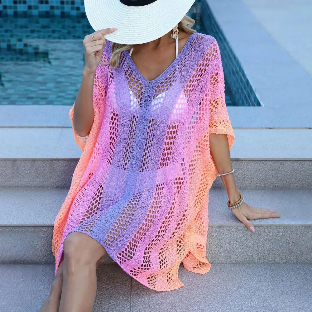 

Casual Beachwear Summer Beach Cover Up Dress Women's Sexy Gradient Knit Bikini Coverup Hollow Out Swimwear Tunic Pullover