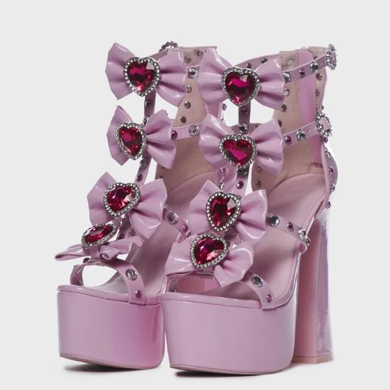 

Big Jewels Rhinestones Chunky Heels Sandals Open Toe Pink Patent Leather Bowtie T Strap High Platform Party Club Shoes
