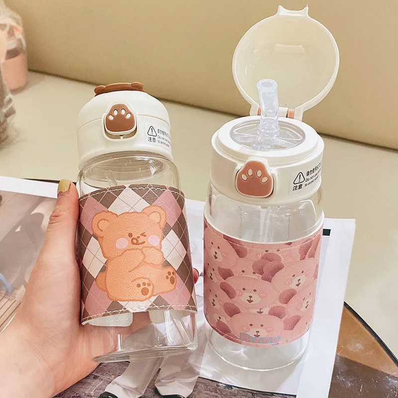 Kawaii Cartoon Glass Water Bottle with Straw 13oz Kawaii Cartoon Glass Water Bottle with Straw 13oz