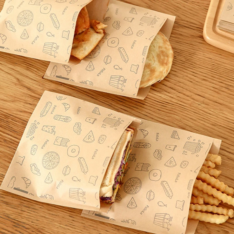 

50pcs Greaseproof Paper Bag Kraft Food Packaging Bag Disposable Paper Sandwich Bags For Bakery Cookies Treats Snacks Storage Bag