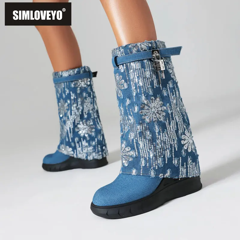SIMLOVEYO Women Mid Calf Boots Denim Round Toe Slip On Wedges Metal Decoration Big Size 44 45 Fashion Casual Shoes Winter Bota
SIMLOVEYO Women Mid Calf Boots Denim Round Toe Slip On Wedges Metal Decoration Big Size 44 45 Fashion Casual Shoes Winter Bota