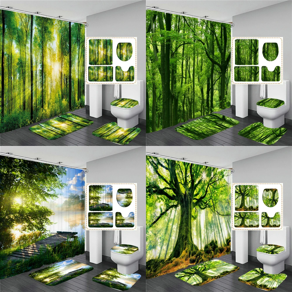 

Waterproof Sunny Forest Scenery Shower Curtain Set Waterproof Bathroom Toilet Seat Cover Bath Non-Slip Mat Rug Carpet Bath Decor